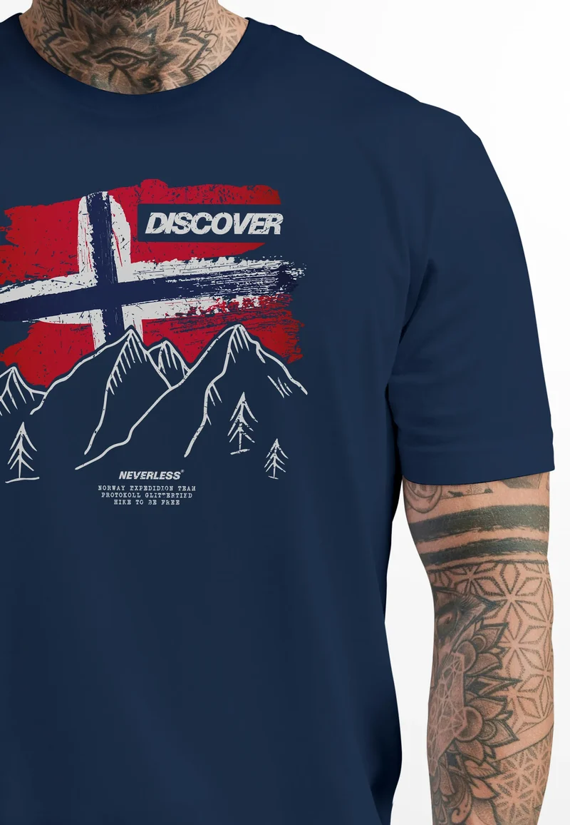 Herren T-Shirt Norwegen Flagge Berge Discover Printshirt Outdoor Fashion Streetstyle Männer