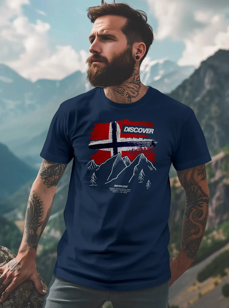 Herren T-Shirt Norwegen Flagge Berge Discover Printshirt Outdoor Fashion Streetstyle Männer