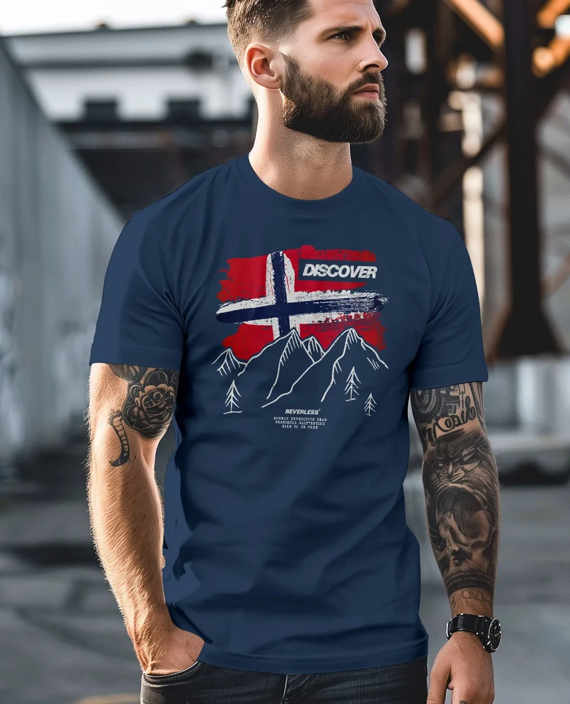 Herren T-Shirt Norwegen Flagge Berge Discover Printshirt Outdoor Fashion Streetstyle Männer