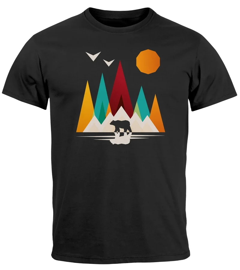 Herren T-Shirt Berge Bär Natur Polygon Outdoor Printshirt Aufdruck Wandern Männer Fashion Streetstyle