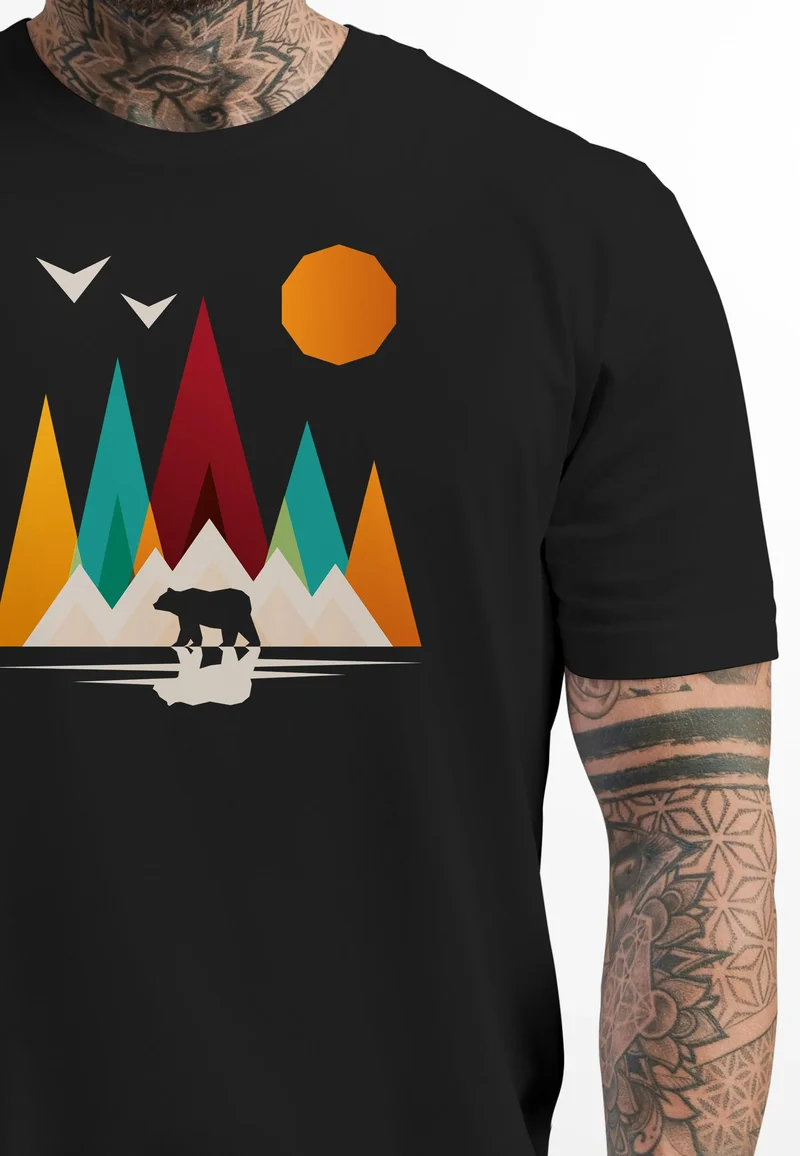 Herren T-Shirt Berge Bär Natur Polygon Outdoor Printshirt Aufdruck Wandern Männer Fashion Streetstyle