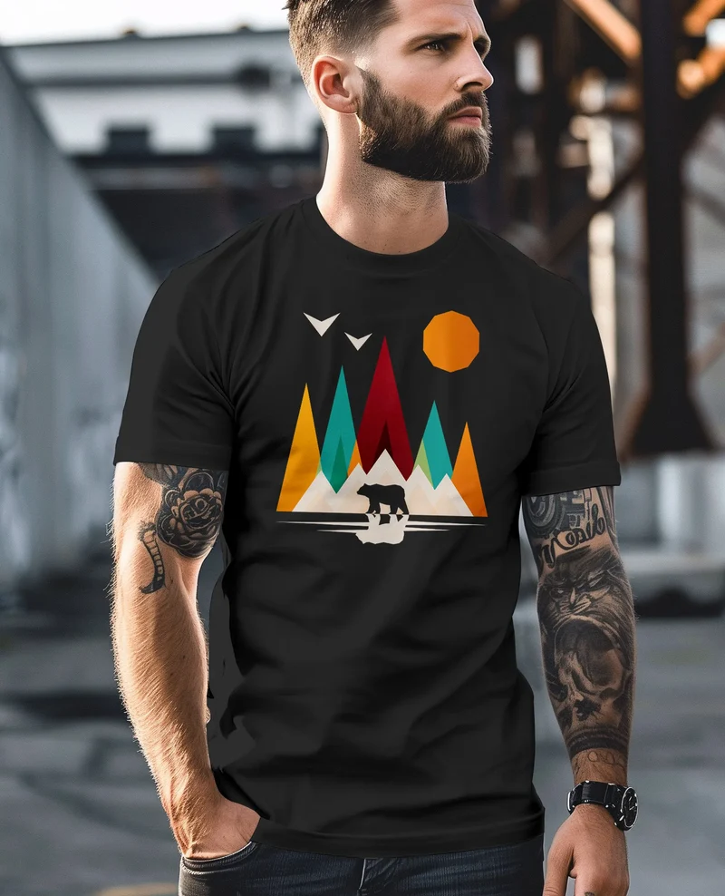 Herren T-Shirt Berge Bär Natur Polygon Outdoor Printshirt Aufdruck Wandern Männer Fashion Streetstyle