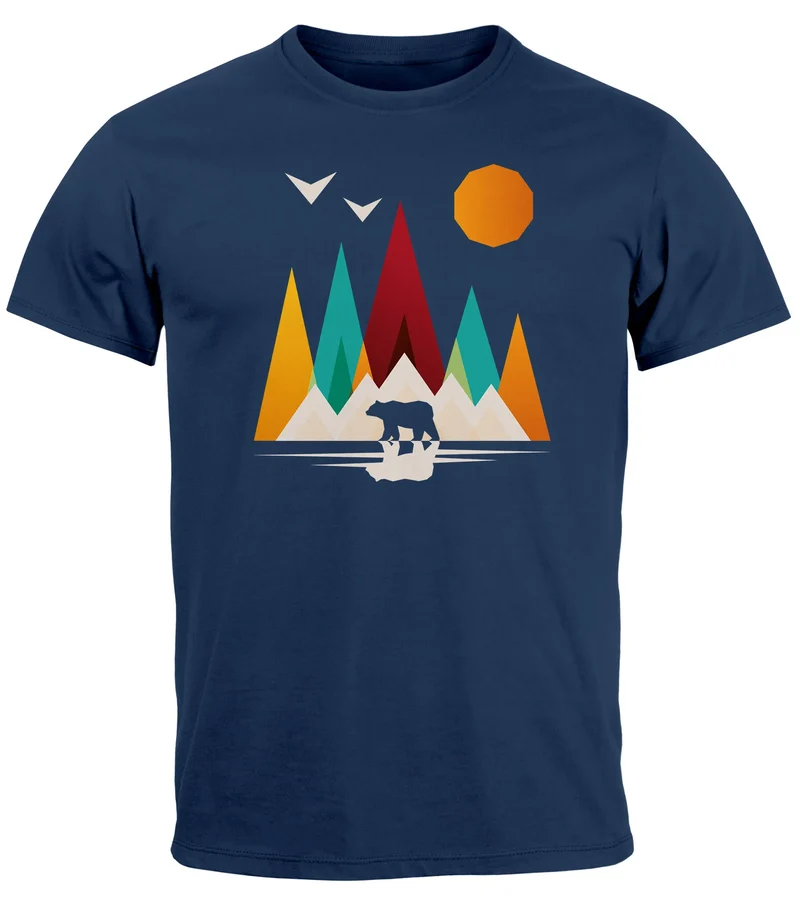 Herren T-Shirt Berge Bär Natur Polygon Outdoor Printshirt Aufdruck Wandern Männer Fashion Streetstyle