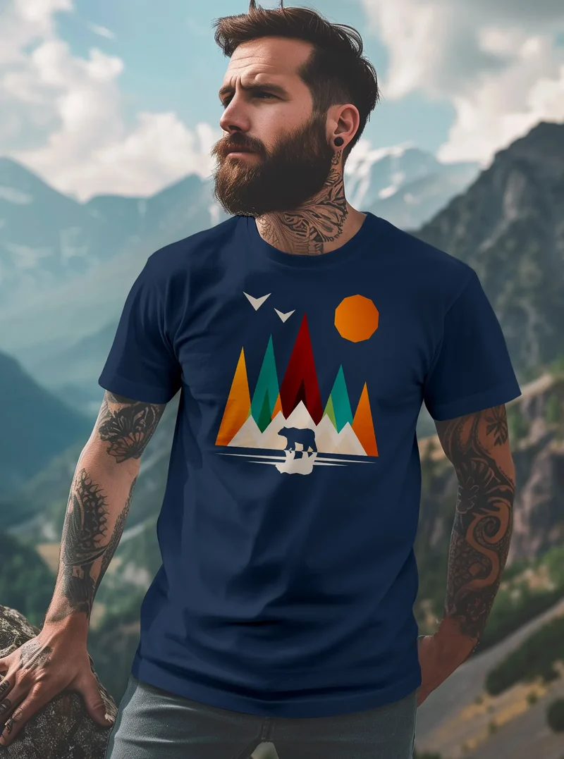 Herren T-Shirt Berge Bär Natur Polygon Outdoor Printshirt Aufdruck Wandern Männer Fashion Streetstyle