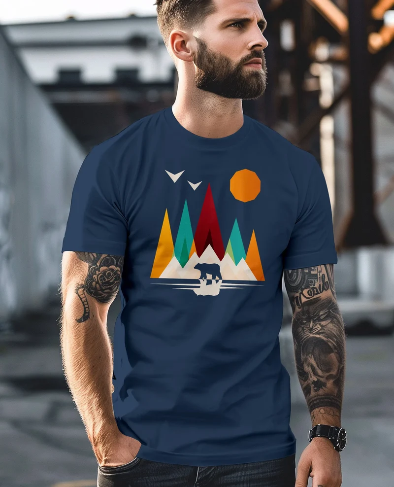 Herren T-Shirt Berge Bär Natur Polygon Outdoor Printshirt Aufdruck Wandern Männer Fashion Streetstyle