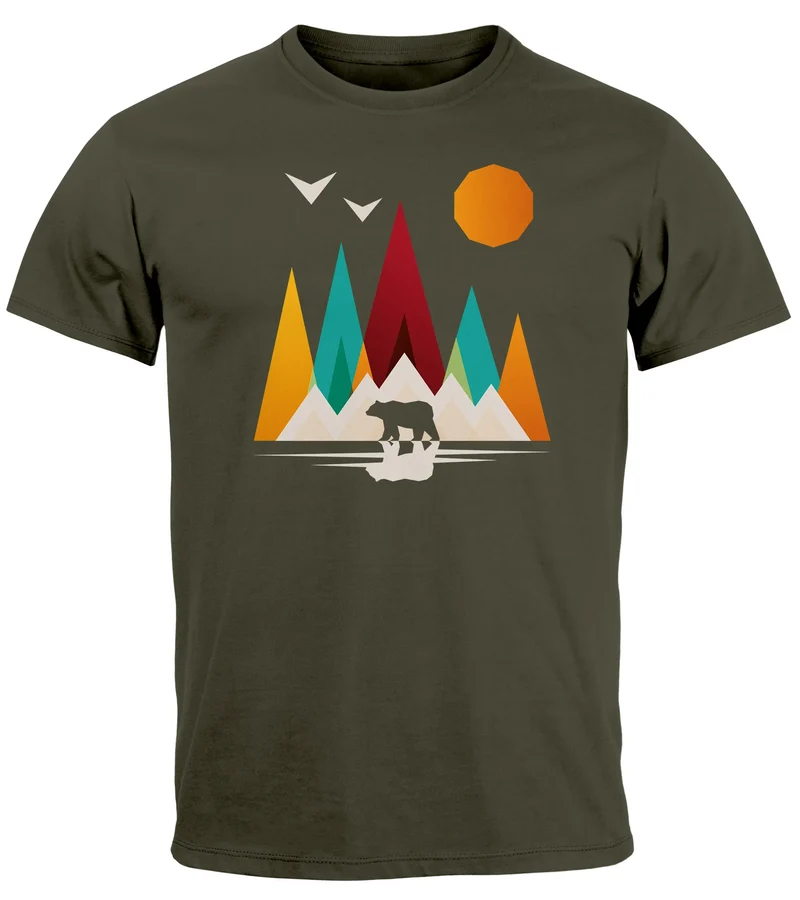 Herren T-Shirt Berge Bär Natur Polygon Outdoor Printshirt Aufdruck Wandern Männer Fashion Streetstyle