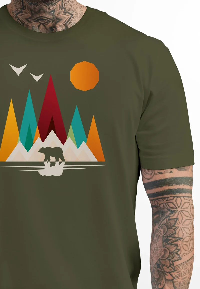 Herren T-Shirt Berge Bär Natur Polygon Outdoor Printshirt Aufdruck Wandern Männer Fashion Streetstyle