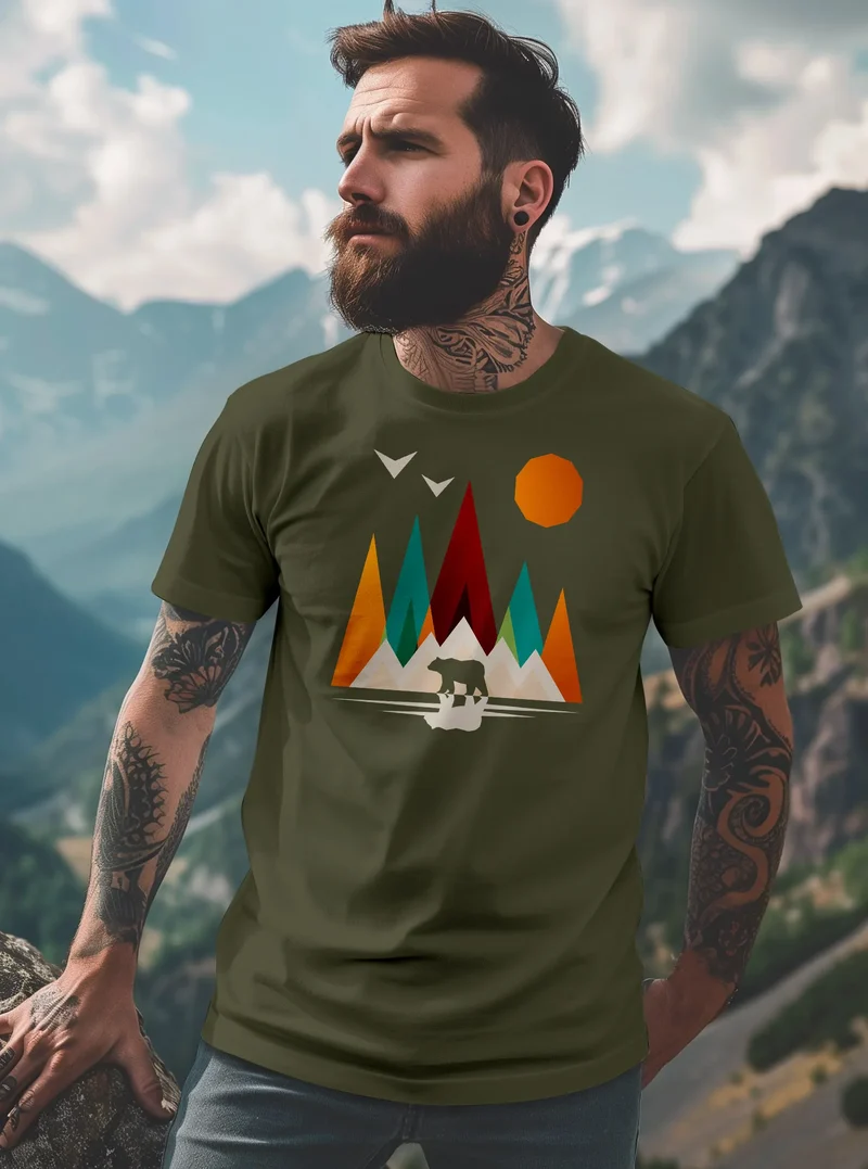 Herren T-Shirt Berge Bär Natur Polygon Outdoor Printshirt Aufdruck Wandern Männer Fashion Streetstyle