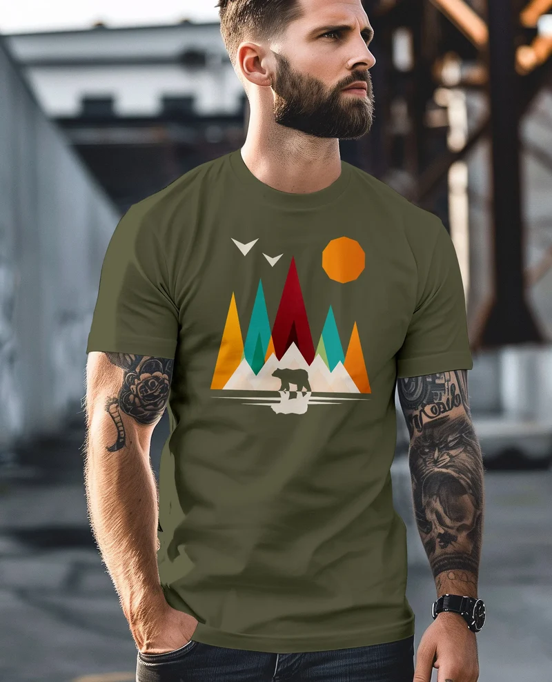 Herren T-Shirt Berge Bär Natur Polygon Outdoor Printshirt Aufdruck Wandern Männer Fashion Streetstyle
