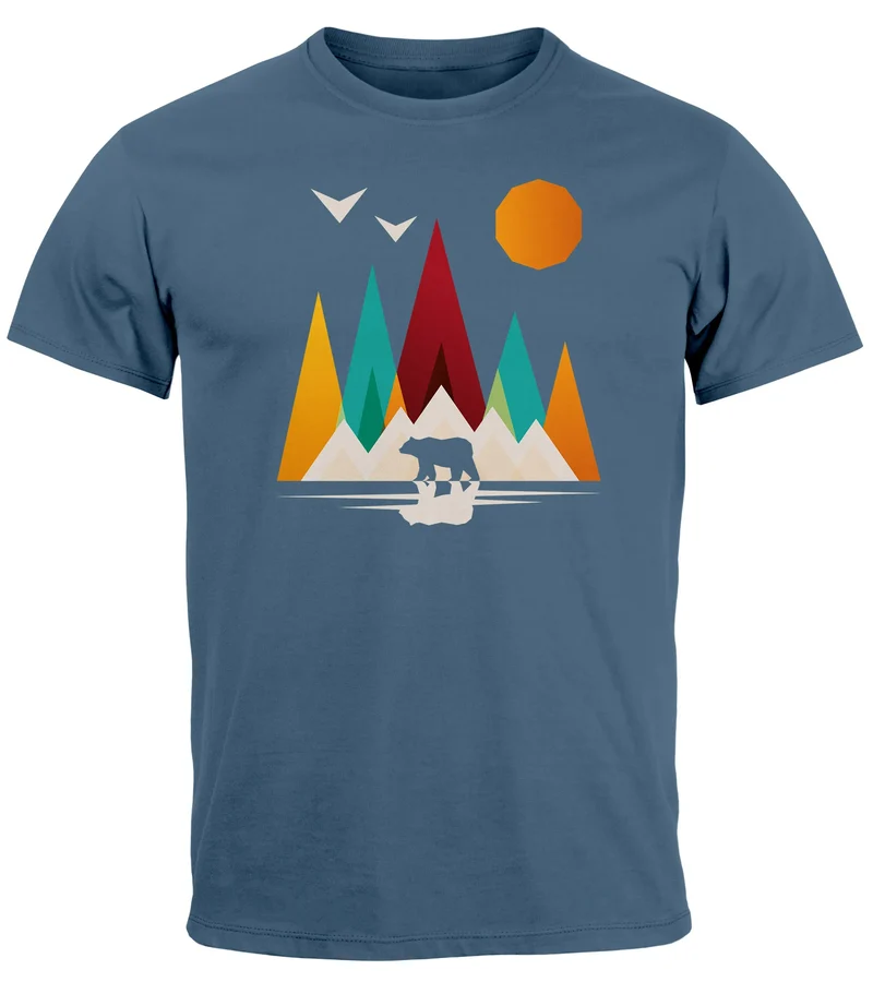 Herren T-Shirt Berge Bär Natur Polygon Outdoor Printshirt Aufdruck Wandern Männer Fashion Streetstyle