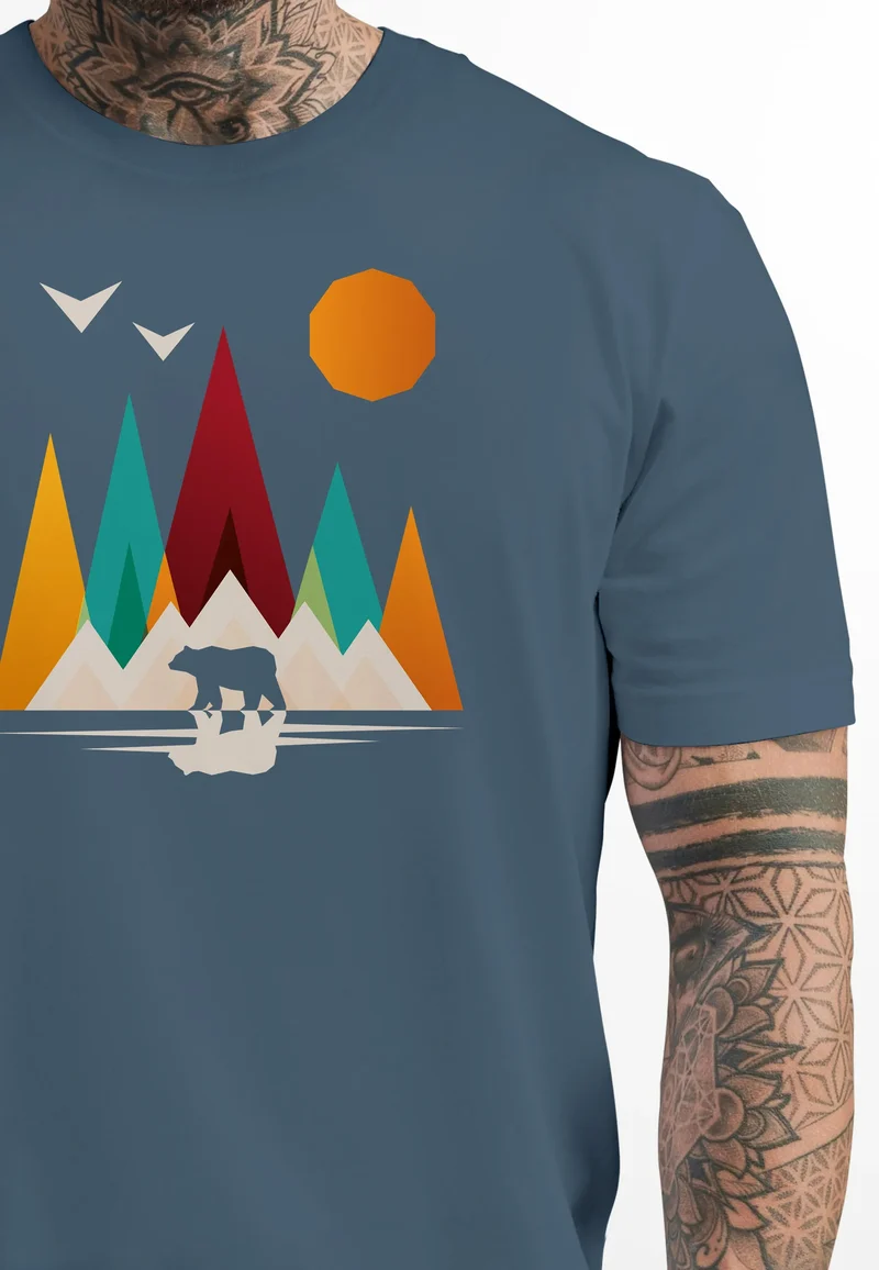 Herren T-Shirt Berge Bär Natur Polygon Outdoor Printshirt Aufdruck Wandern Männer Fashion Streetstyle