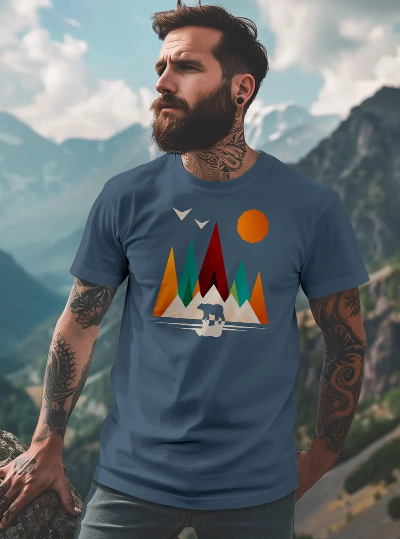 Herren T-Shirt Berge Bär Natur Polygon Outdoor Printshirt Aufdruck Wandern Männer Fashion Streetstyle