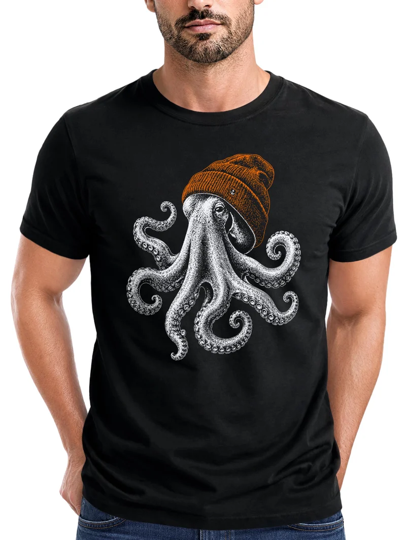 Herren T-Shirt Frontprint - oktopus Beanie - Baumwollshirt Männer Fashion Streetstyle Slim Fit