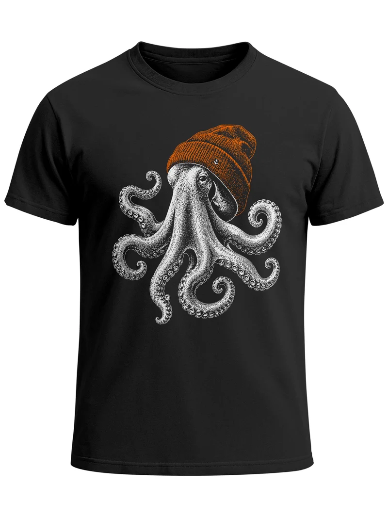 Herren T-Shirt Frontprint - oktopus Beanie - Baumwollshirt Männer Fashion Streetstyle Slim Fit