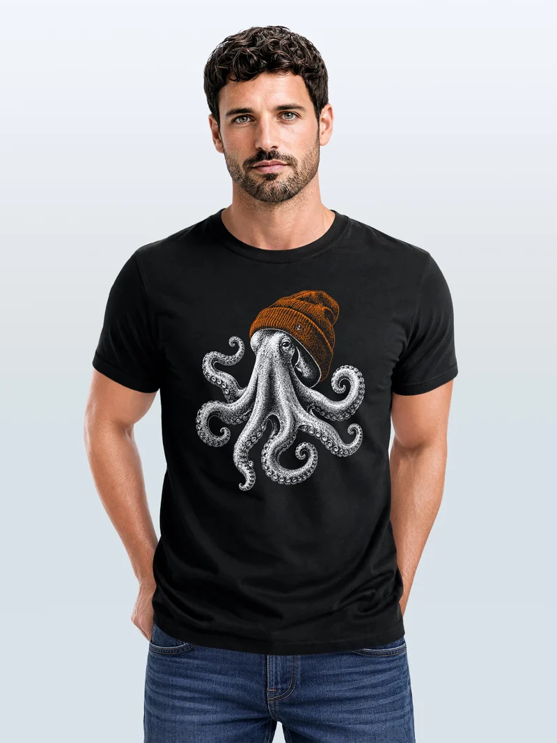Herren T-Shirt Frontprint - oktopus Beanie - Baumwollshirt Männer Fashion Streetstyle Slim Fit
