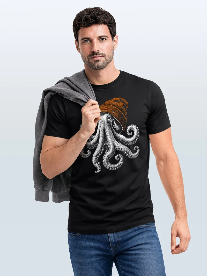 Herren T-Shirt Frontprint - oktopus Beanie - Baumwollshirt Männer Fashion Streetstyle Slim Fit
