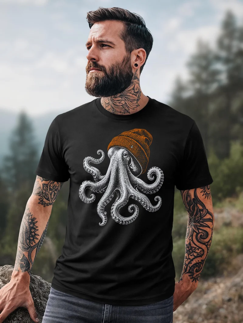 Herren T-Shirt Frontprint - oktopus Beanie - Baumwollshirt Männer Fashion Streetstyle Slim Fit