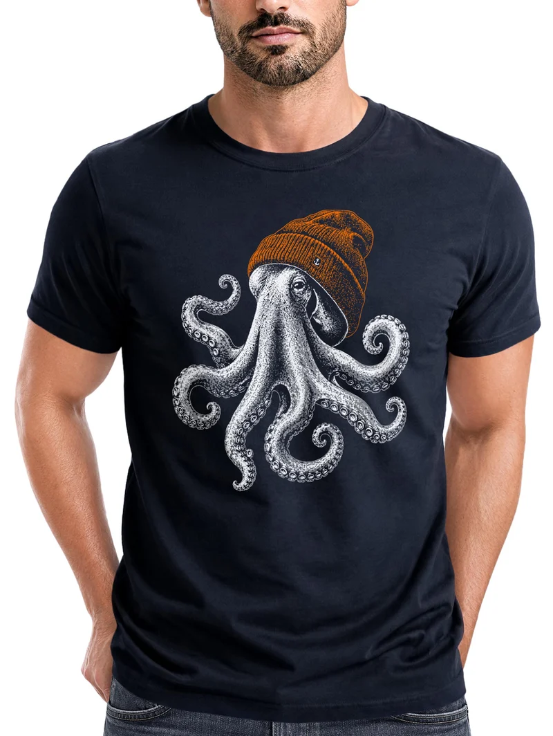 Herren T-Shirt Frontprint - oktopus Beanie - Baumwollshirt Männer Fashion Streetstyle Slim Fit