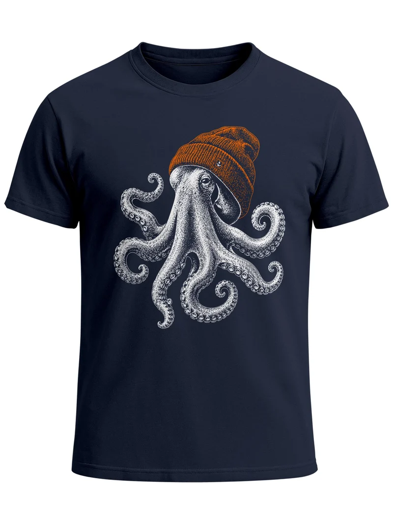Herren T-Shirt Frontprint - oktopus Beanie - Baumwollshirt Männer Fashion Streetstyle Slim Fit