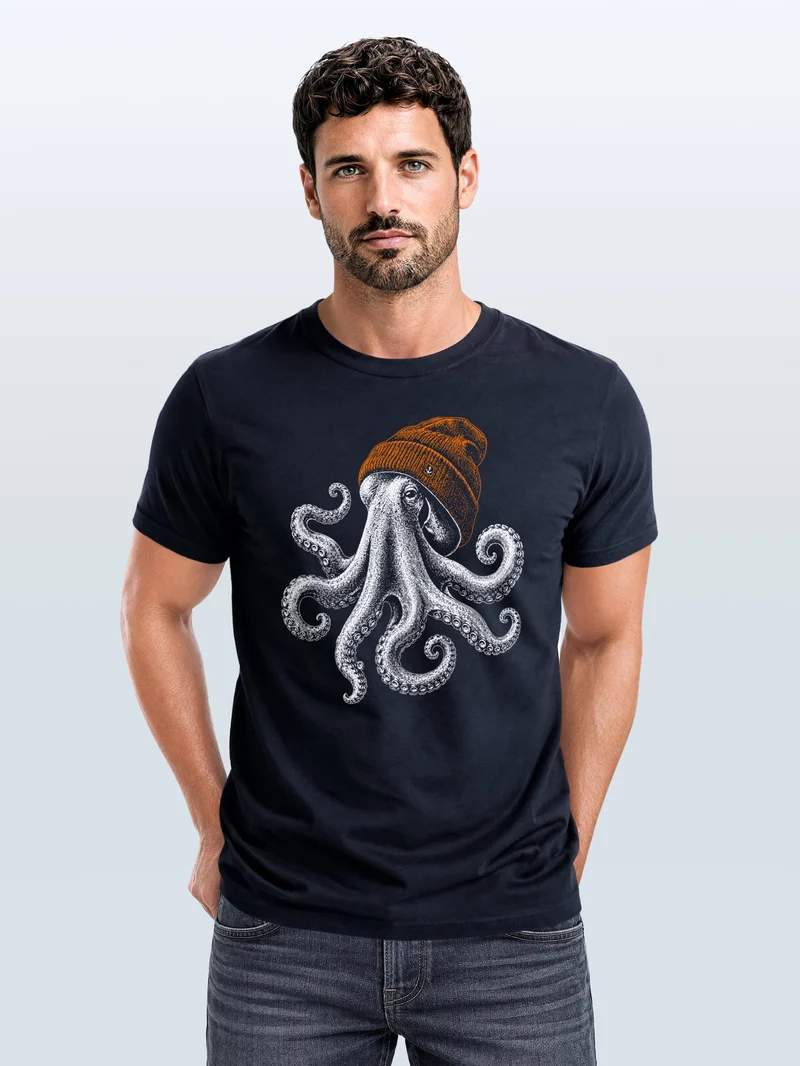 Herren T-Shirt Frontprint - oktopus Beanie - Baumwollshirt Männer Fashion Streetstyle Slim Fit