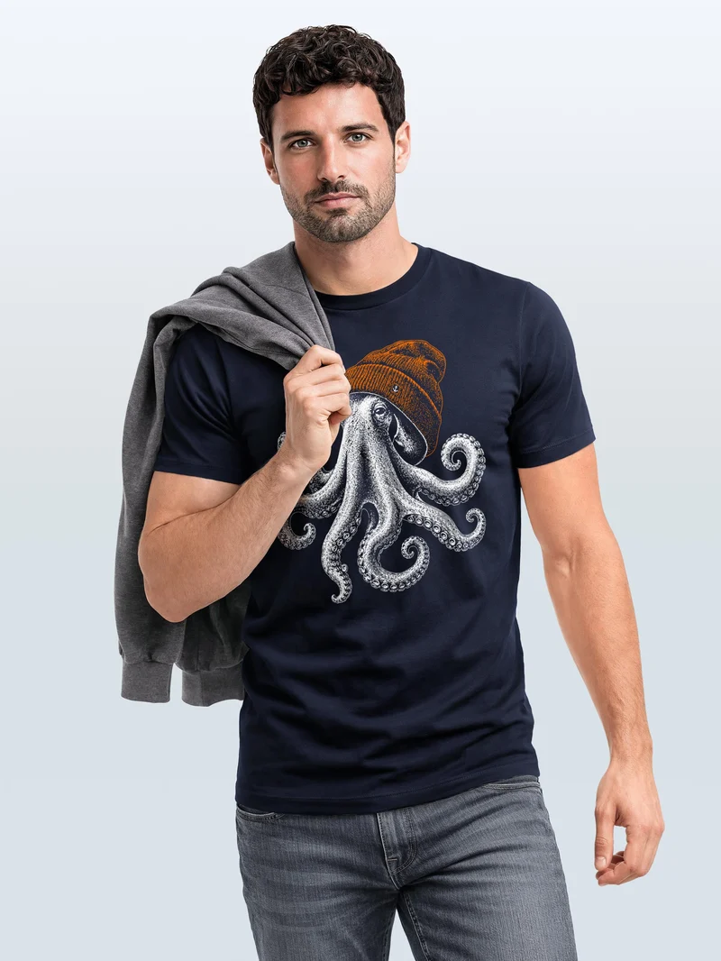 Herren T-Shirt Frontprint - oktopus Beanie - Baumwollshirt Männer Fashion Streetstyle Slim Fit