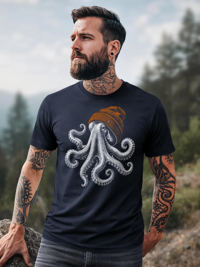 Herren T-Shirt Frontprint - oktopus Beanie - Baumwollshirt Männer Fashion Streetstyle Slim Fit