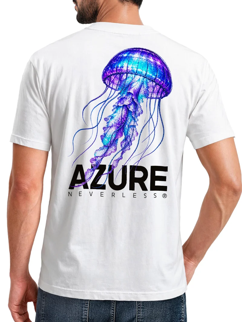 Herren T-Shirt Backprint - Qualle Azure - Baumwollshirt Männer Fashion Streetstyle Slim Fit