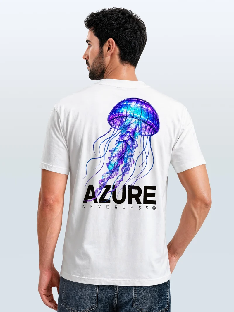 Herren T-Shirt Backprint - Qualle Azure - Baumwollshirt Männer Fashion Streetstyle Slim Fit