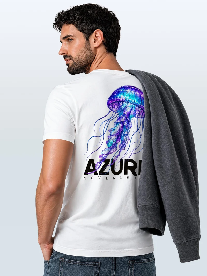 Herren T-Shirt Backprint - Qualle Azure - Baumwollshirt Männer Fashion Streetstyle Slim Fit