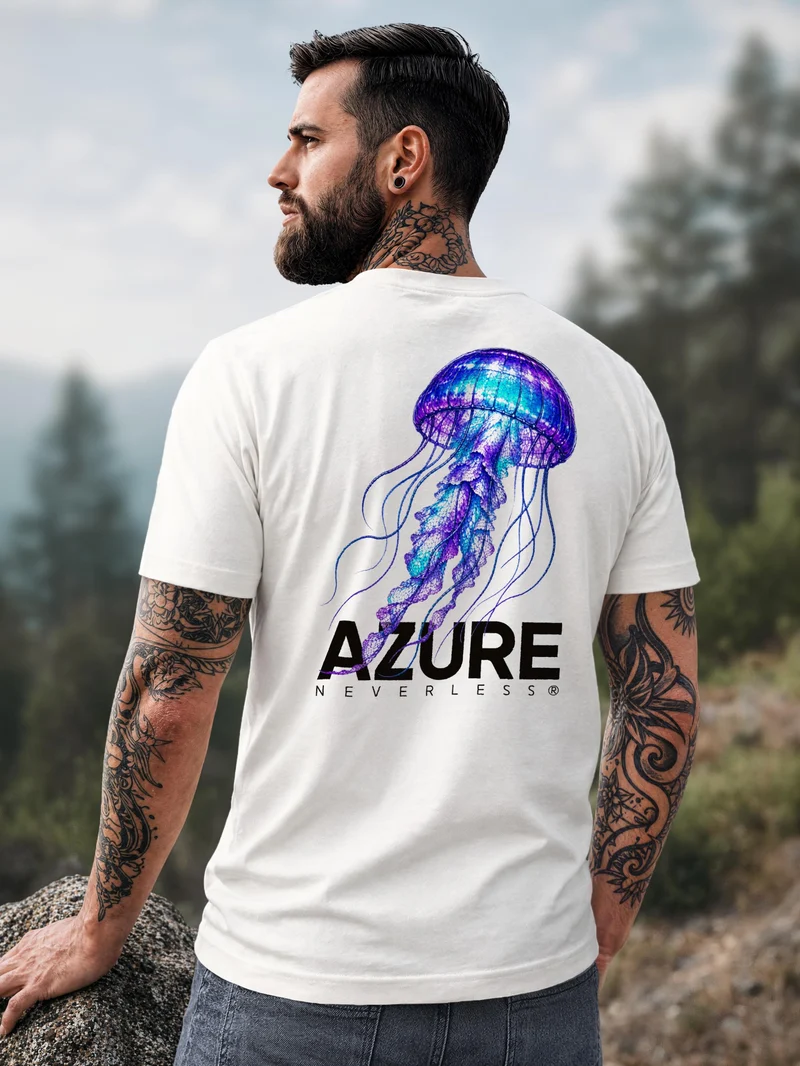 Herren T-Shirt Backprint - Qualle Azure - Baumwollshirt Männer Fashion Streetstyle Slim Fit