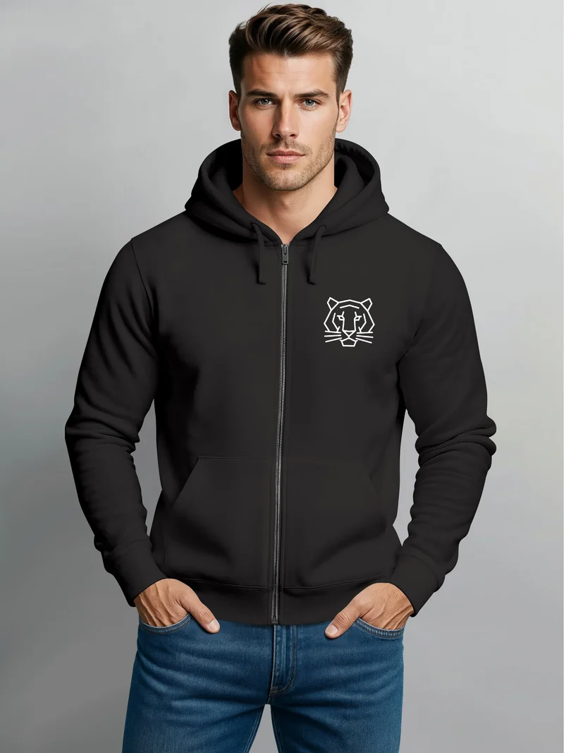 Herren Sweatjacke mit Kapuze Tiger Brust-Logo Aufdruck Zipjacke Zip-Hoodie Männer Fashion Streetstyle