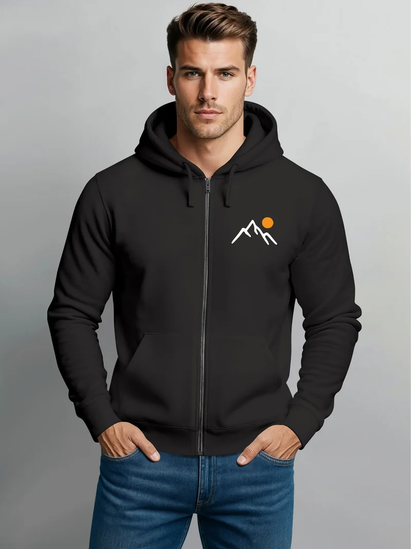 Herren Sweatjacke mit Kapuze Logo Print Berge Wandern Zipjacke Zip-Hoodie Männer Outdoor Fashion Streetstyle