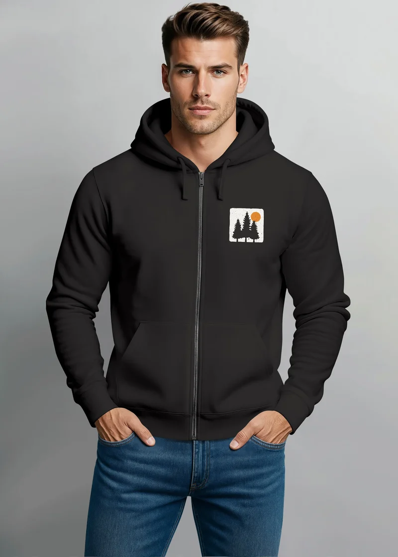 Herren Sweatjacke mit Kapuze Print Bäume Logo Sweatshirt Zipjacke Zip-Hoodie Männer Fashion Streetstyle