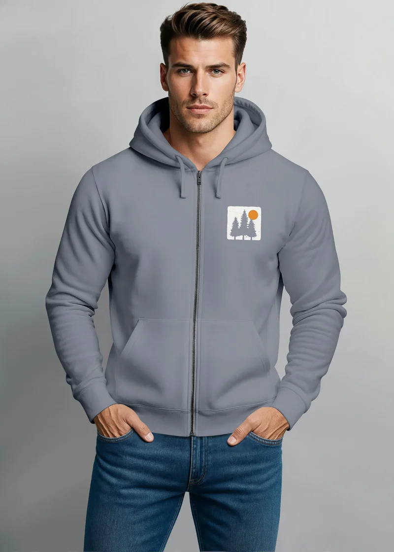 Herren Sweatjacke mit Kapuze Print Bäume Logo Sweatshirt Zipjacke Zip-Hoodie Männer Fashion Streetstyle