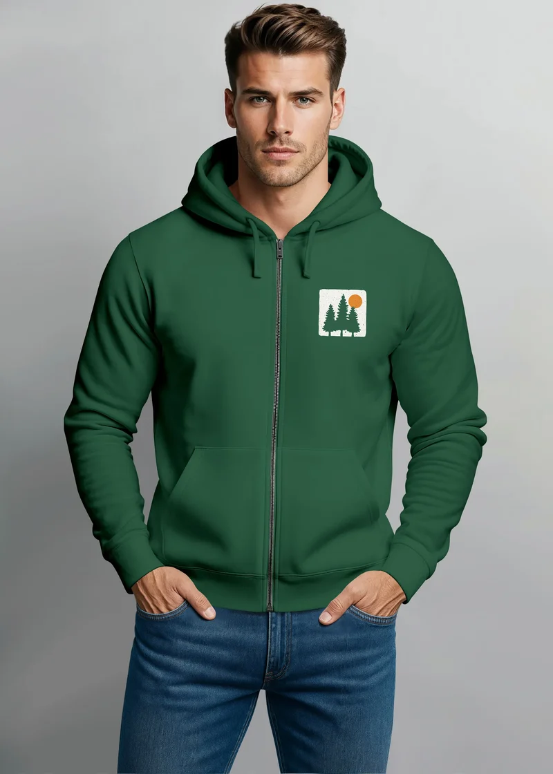 Herren Sweatjacke mit Kapuze Print Bäume Logo Sweatshirt Zipjacke Zip-Hoodie Männer Fashion Streetstyle