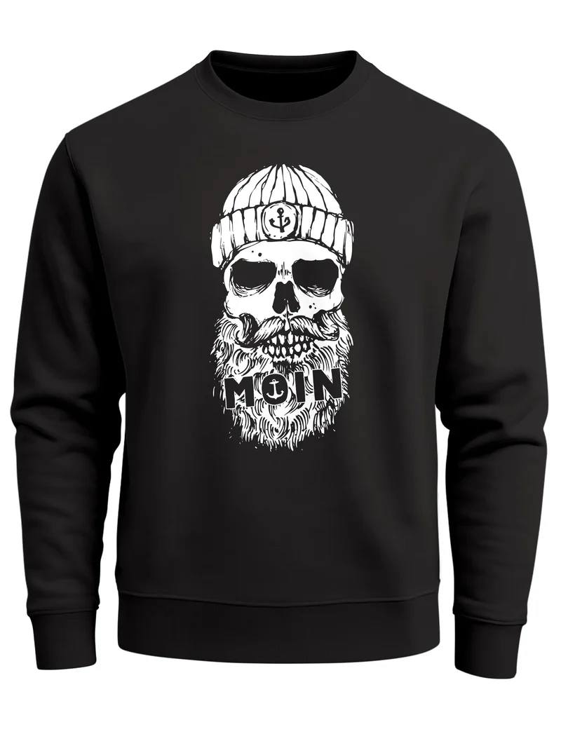 Sweatshirt Herren ohne Kapuze Frontprint Moin Skull Totenkopf Anker Nordic Streetwear Pullover Fashion