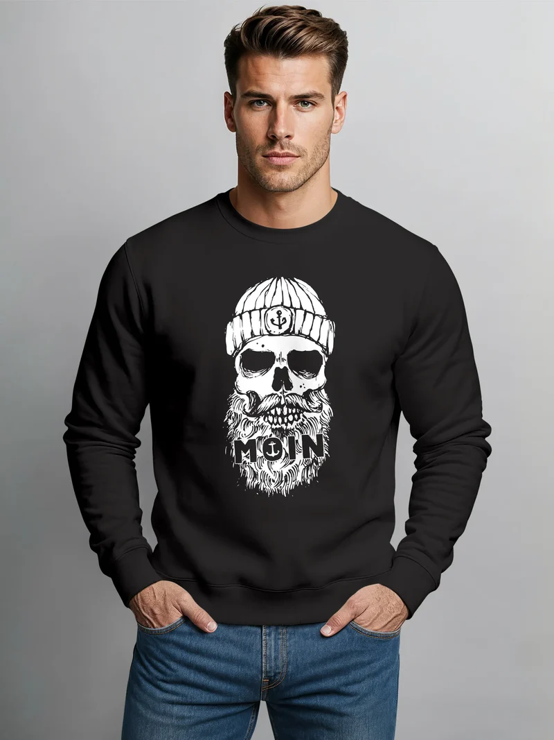 Sweatshirt Herren ohne Kapuze Frontprint Moin Skull Totenkopf Anker Nordic Streetwear Pullover Fashion