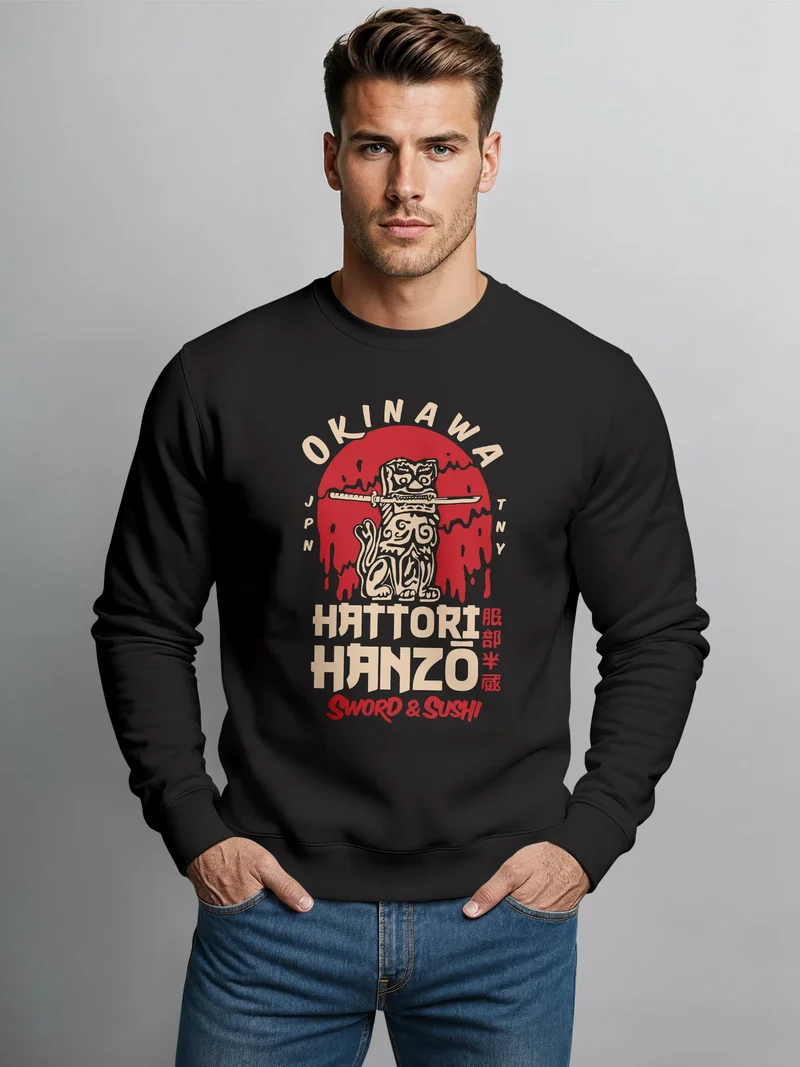 Sweatshirt Herren Frontprint Hattori Hanzo Pullover mit Grafik-Print Japan Okinawa Fashion Streetwear