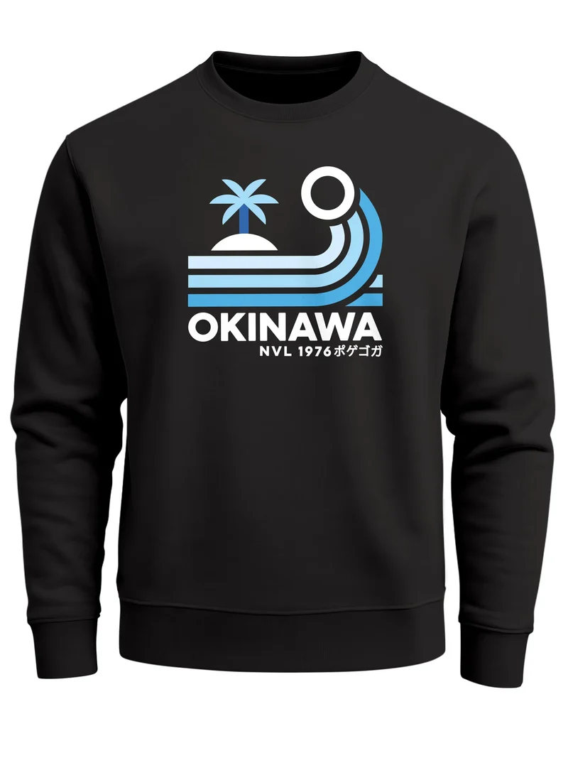Sweatshirt Herren Frontprint Pullover mit Print Okinawa Wave Retro Design Palme Sonne Welle Fashion Streetwear
