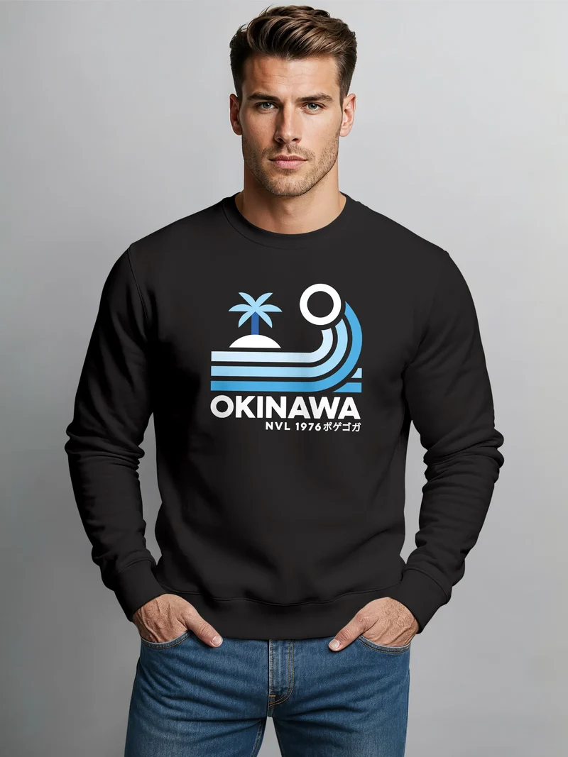 Sweatshirt Herren Frontprint Pullover mit Print Okinawa Wave Retro Design Palme Sonne Welle Fashion Streetwear