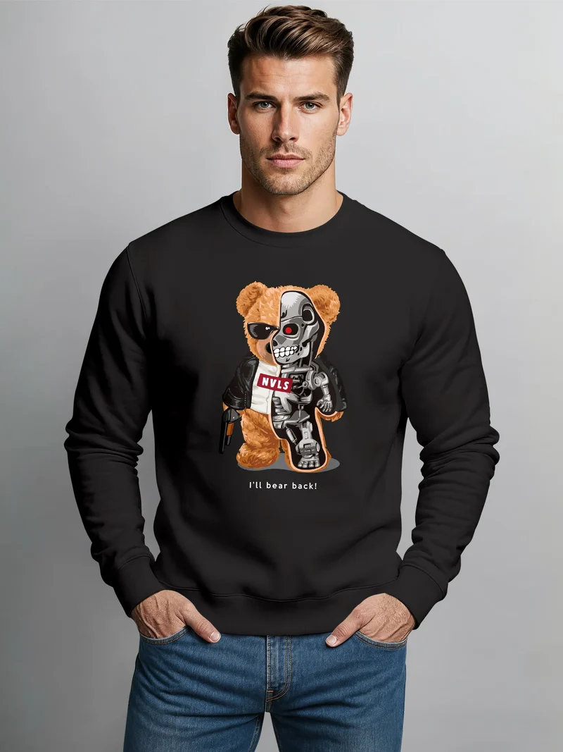 Sweatshirt Herren Frontprint Pullover mit Print I’ll Bear Back Teddy mit Cyborg Design Fun Streetwear Fashion