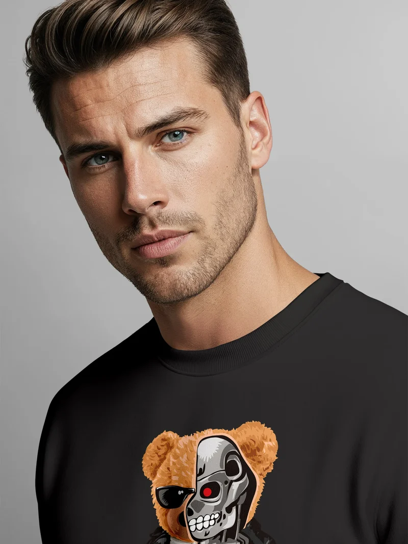 Sweatshirt Herren Frontprint Pullover mit Print I’ll Bear Back Teddy mit Cyborg Design Fun Streetwear Fashion