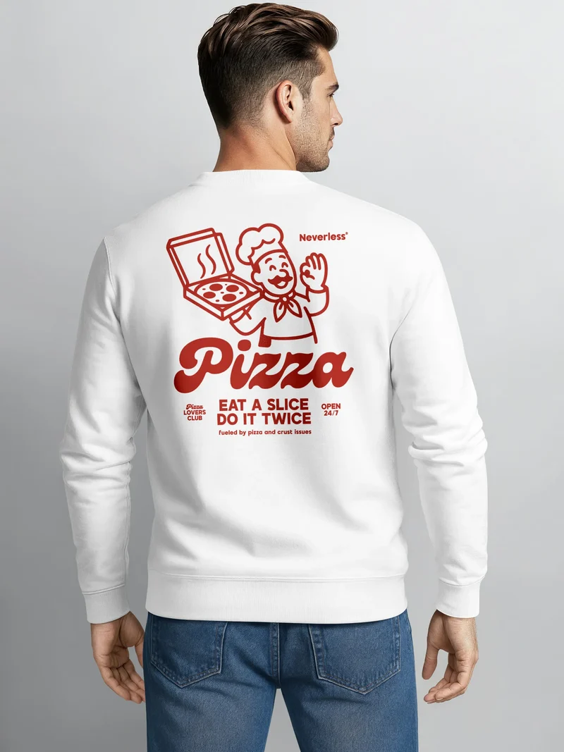 Sweatshirt Herren Pullover mit Backprint Pizza Eat a Slice Fashion Streetwear Fun Food Print Retro Style