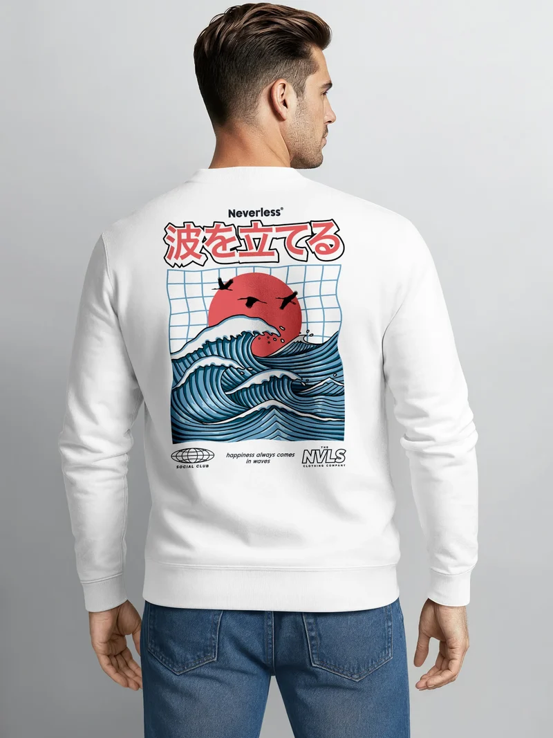 Sweatshirt Herren Pullover mit Backprint Rising Wave | Japan Design mit Wellenmotiv Fashion Streetwear