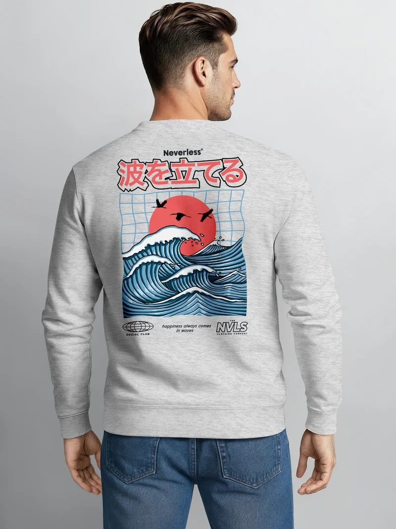 Sweatshirt Herren Pullover mit Backprint Rising Wave | Japan Design mit Wellenmotiv Fashion Streetwear