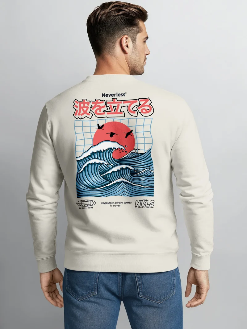 Sweatshirt Herren Pullover mit Backprint Rising Wave | Japan Design mit Wellenmotiv Fashion Streetwear