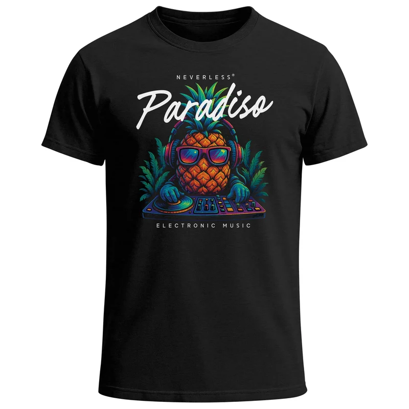 Herren T-Shirt DJ Ananas – Paradiso Print – Buntes EDM Sommer Shirt – Electronic Music Festival Design für Club Urlaub & Streetwear