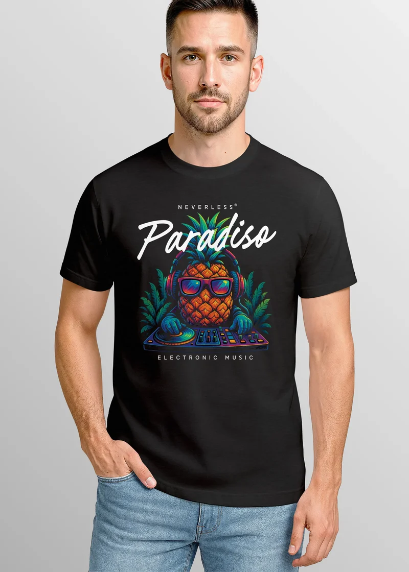 Herren T-Shirt DJ Ananas – Paradiso Print – Buntes EDM Sommer Shirt – Electronic Music Festival Design für Club Urlaub & Streetwear