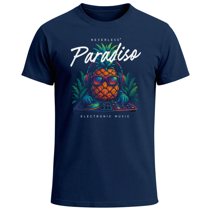 Herren T-Shirt DJ Ananas – Paradiso Print – Buntes EDM Sommer Shirt – Electronic Music Festival Design für Club Urlaub & Streetwear