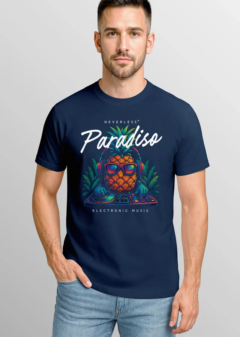 Herren T-Shirt DJ Ananas – Paradiso Print – Buntes EDM Sommer Shirt – Electronic Music Festival Design für Club Urlaub & Streetwear
